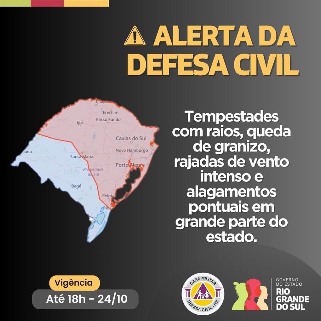 Defesa Civil alerta para tempestades com raios, queda de granizo, rajadas de vento intenso e alagamentos pontuais. Emergência ligue 190 ou 193.Caso seja surpreendido pelo tempo severo, busque abrigo...