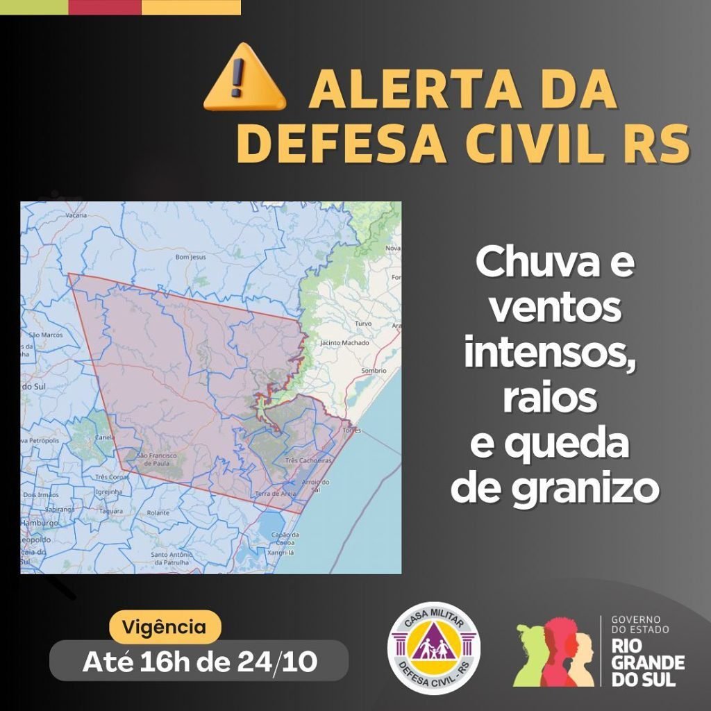 Defesa Civil alerta para chuva e ventos intensos, raios e queda de granizo na área em vermelho no mapa. Válido até 16h de quinta-feira, 24 de outubro. Em caso de emergência, ligue 190/193.Conta pra ...