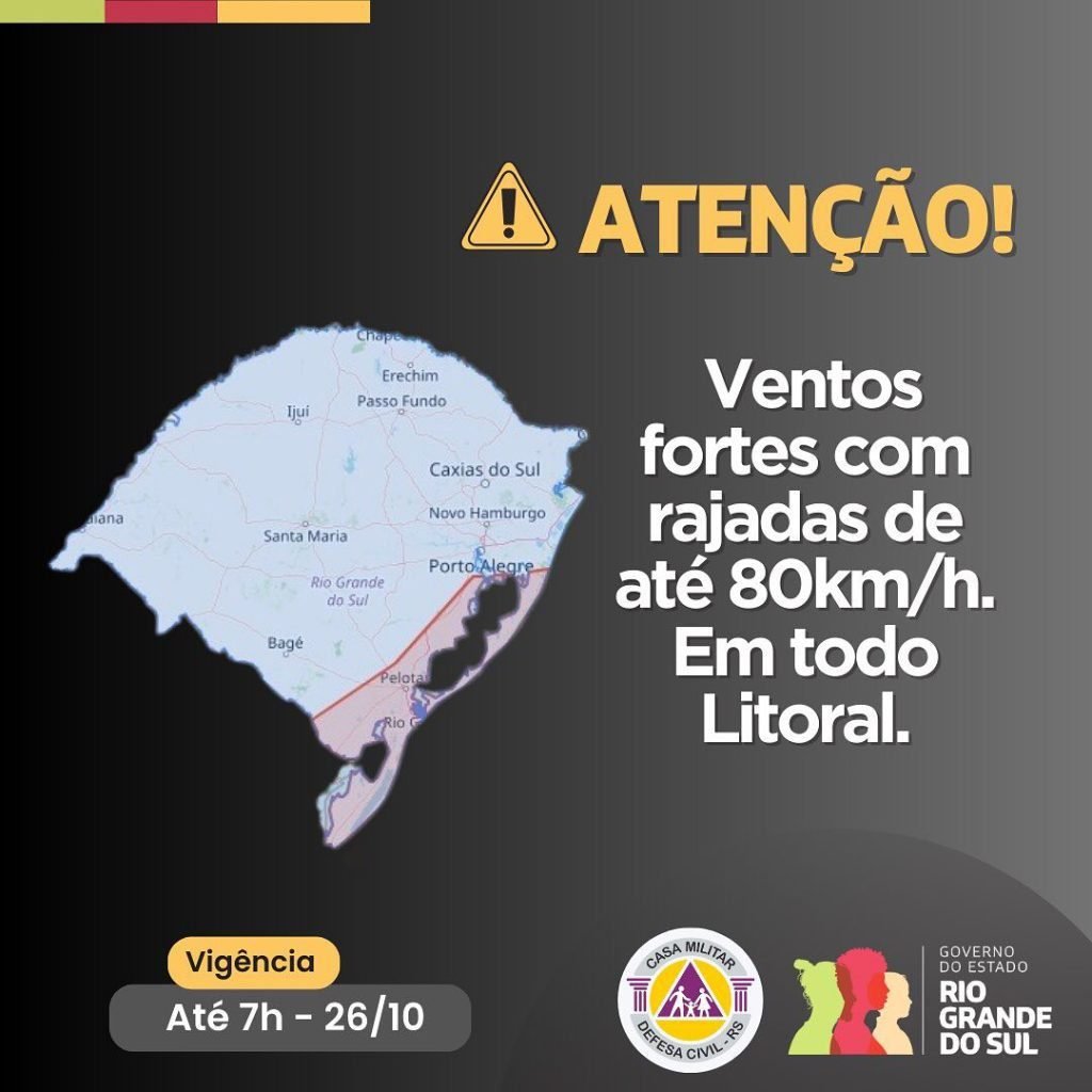 Atenção para ventos fortes com rajadas de até 70km/h, para a área em vermelho no mapa. Válido até 7h de sábado,26 de outubro. Em caso de emergência, ligue 190/193.Caso seja surpreendido pelo tempo s...