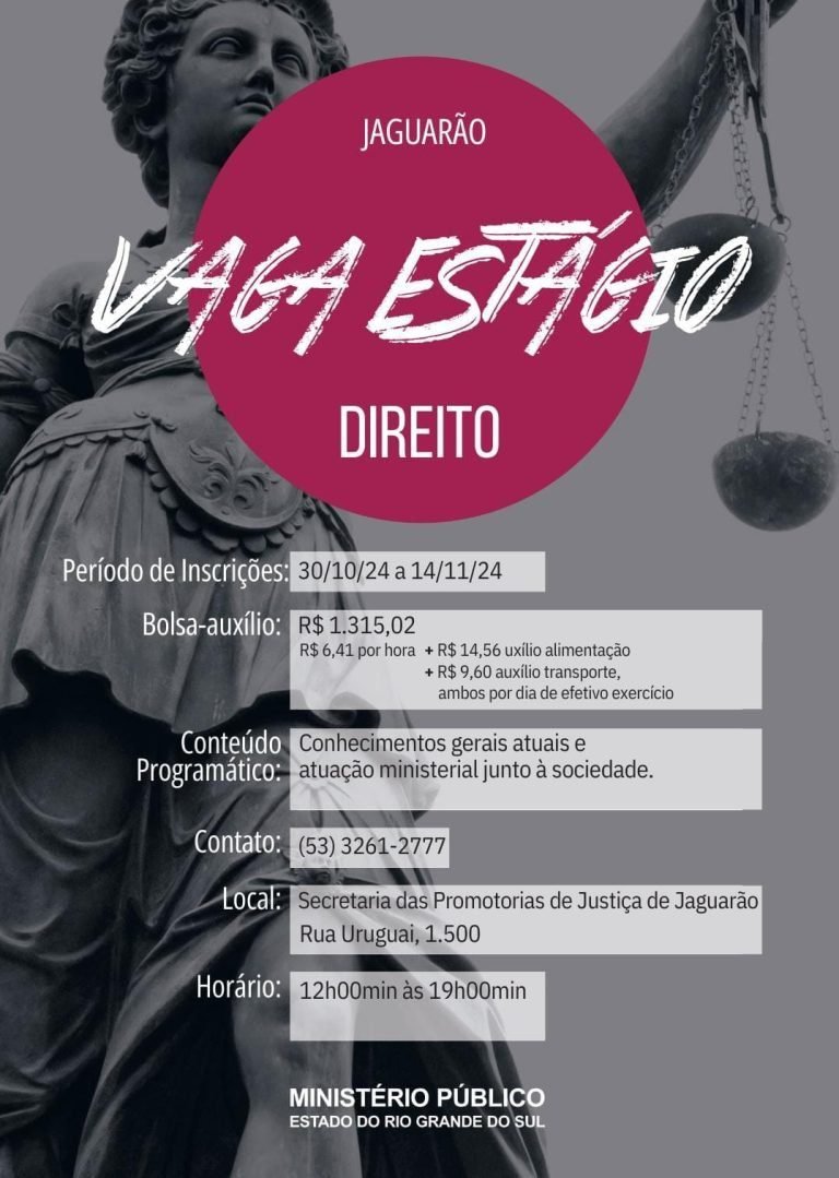 Ministério Público do Estado do Rio Grande do Sul Abre Processo Seletivo para Estagiário de graduação em direito em JaguarãoO Ministério Público do Estado do Rio Grande do Sul está com inscrições ab...