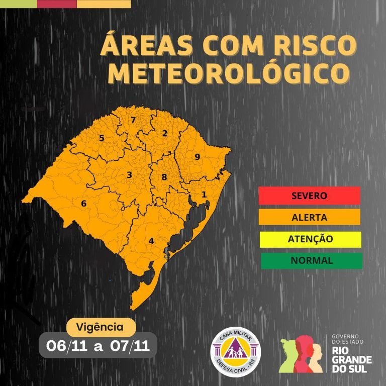 A Sala de Situação atualiza a previsão da condição meteorológica no estado para os dias 06 e 07 de novembro:Os acumulados poderão variar entre 60 a 90 mm sobre áreas do Sul,Campanha, Costa Doce, Nor...