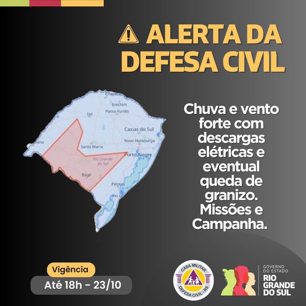 Defesa Civil alerta para chuva e vento forte com descargas elétricas e eventual queda de granizo. Emergência ligue 190 ou 193.Caso seja surpreendido pelo tempo severo, busque abrigo. Se estiver em c...