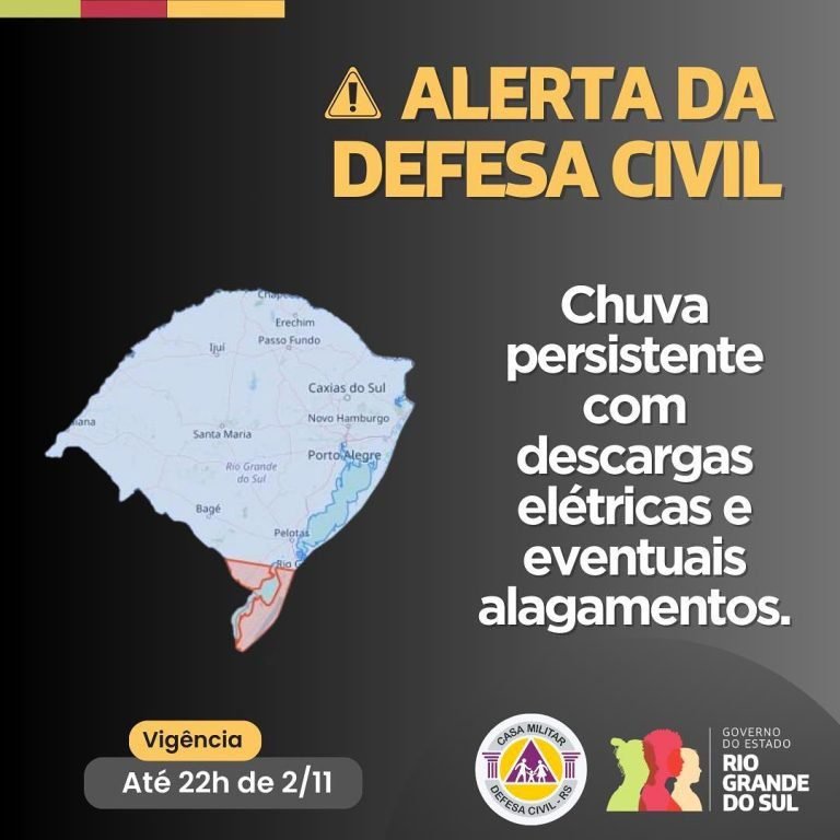 Defesa Civil alerta para chuva persistente com descargas elétricas e eventuais alagamentos na área em vermelho no mapa. Válido até 22h de sábado, 2 de novembro. Em caso de emergência, ligue 190/193....