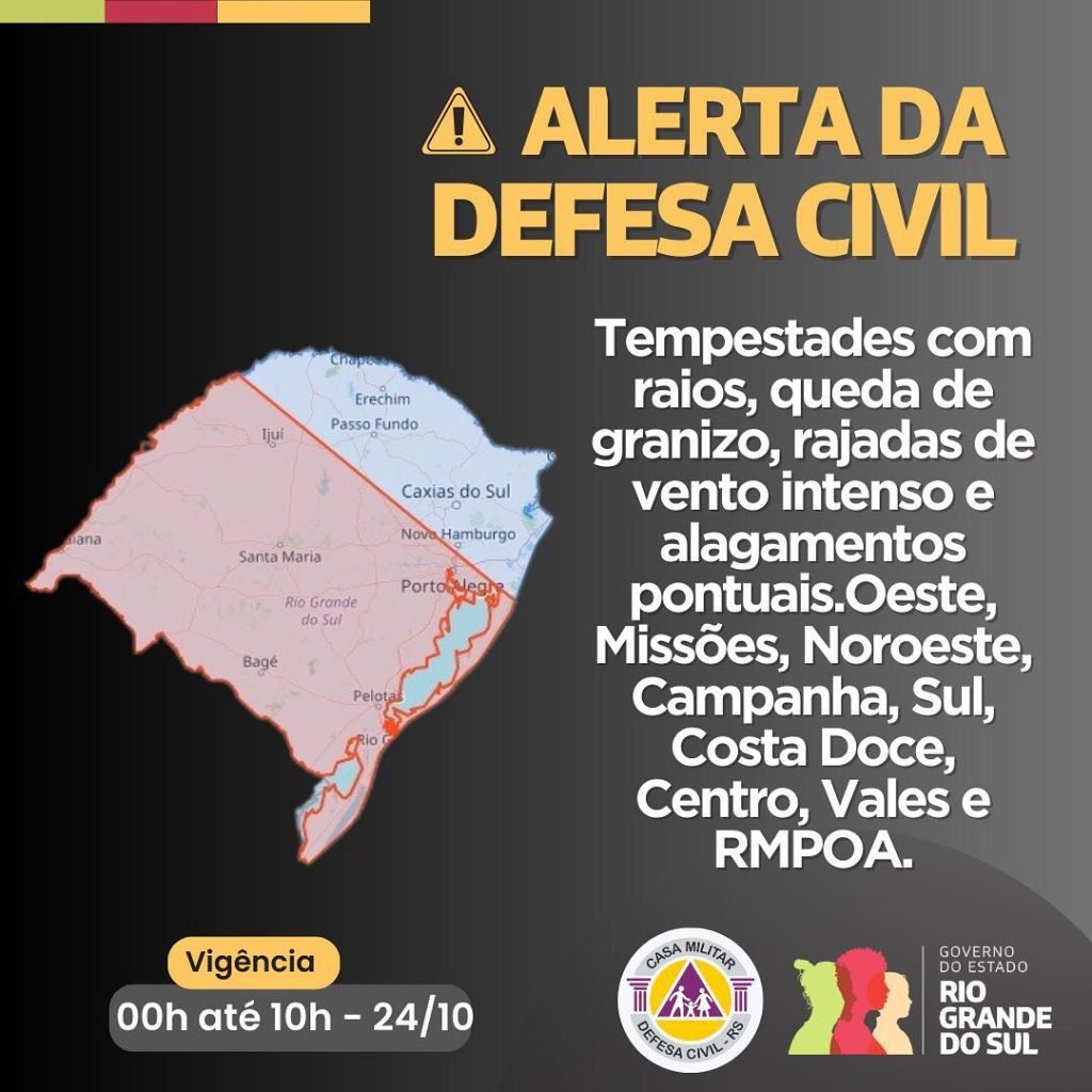 Defesa Civil alerta para tempestades com raios, queda de granizo, rajadas de vento intenso e alagamentos pontuais em grande parte do estado. Emergência ligue 190 ou 193.Caso seja surpreendido pelo t...